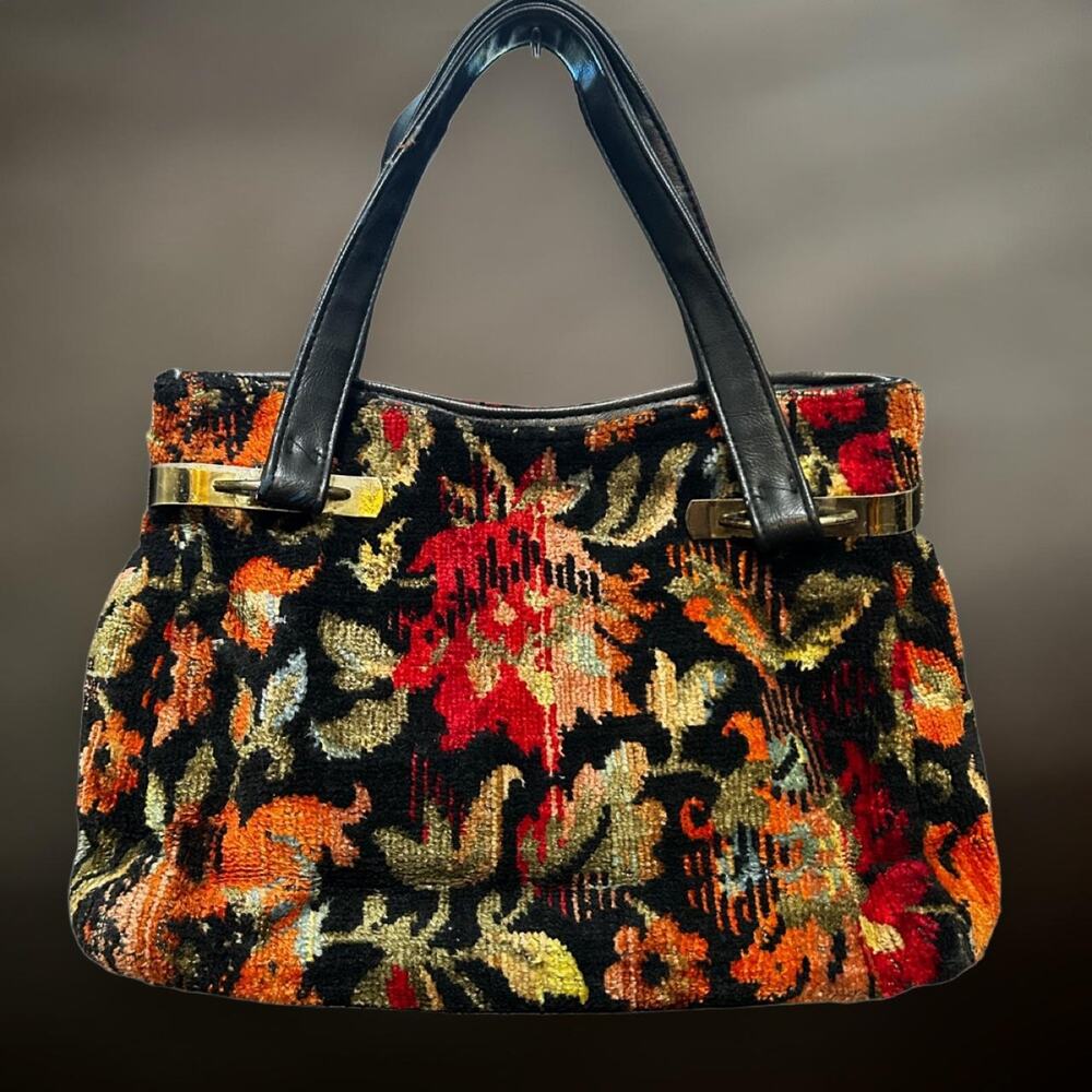 Vintage 60s 70s Cut Velvet Tapestry Carpet Handbag - Floral Boho Whimsigoth